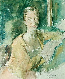 Woman leaning against a Cushion