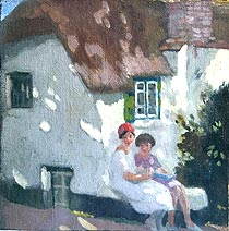 Two Girls outside a Whitewashed Cottage
